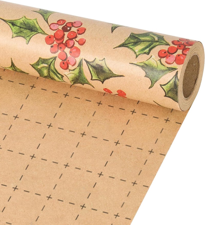 LaRibbons Kraft Christmas Wrapping Paper Mini Roll, Holly Leaves and Red Berries Pattern, for Classic Christmas, Winter Holiday Gift Wrapping, 17" x 33' (46.7 sq. ft) - Image 1